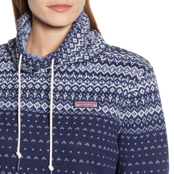 EUC Vineyard Vines Navy White Fair Isle Fleece Lined Funnel Neck Sweater Size XS - Picture 4 of 6